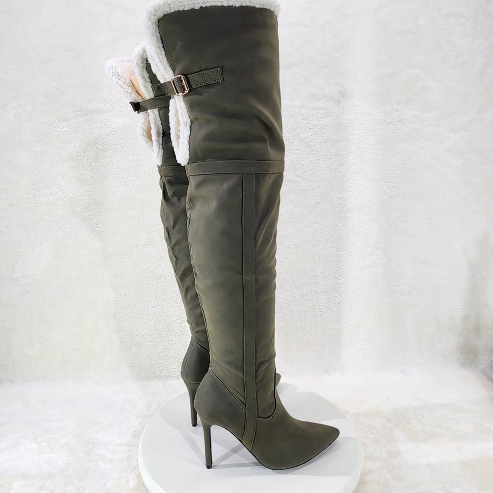 Olive Green Fluffy Fleece Lined Fold Under / Over the Knee Pointy Toe Boots - Picture 9 of 13